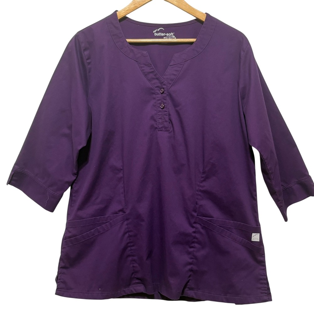Butter Soft Womens Scrub Top L Purple V Neck 3/4 Sleeve Stretch‎ Nursing Uniform